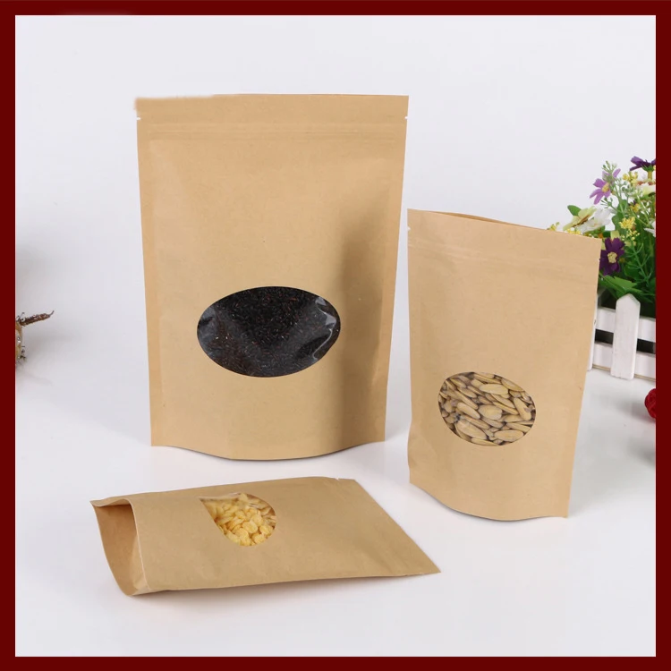 500 unids/lote 13x18 bolsa de papel Kraft marrón con ventana redonda de pie con cremallera/cerradura con cremallera bolsa de embalaje de joyería bolsas de papel para regalos/té