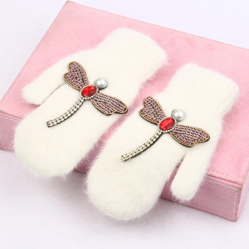 2018 women Gloves winter Crystal dragonfly Rabbit fur brand gloves for female double warm full finger Mittens Christmas gifts