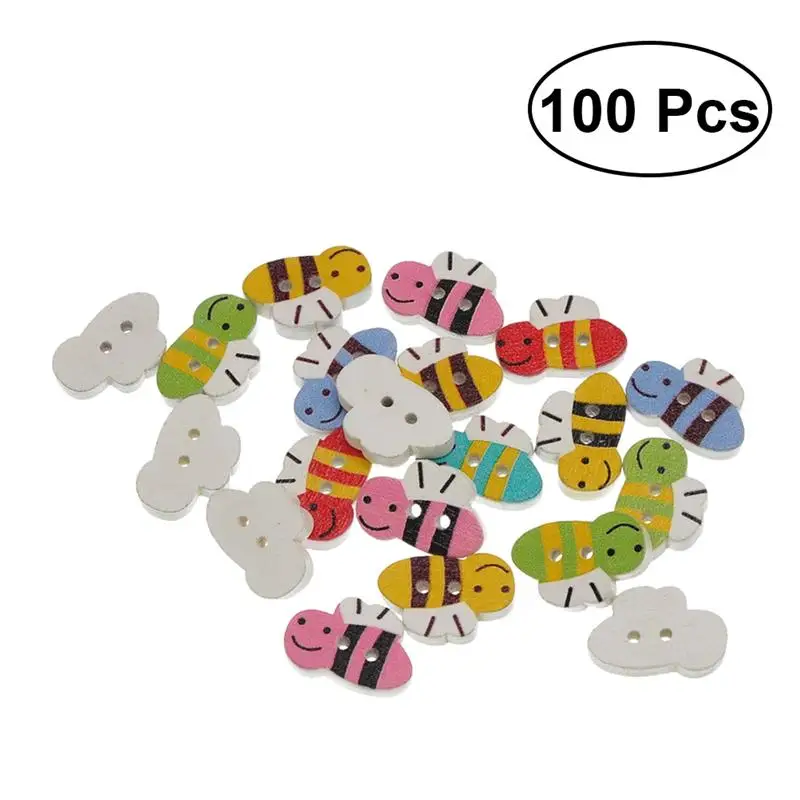

100pcs Wooden Buttons Animal Wood Crafts Bee Pattern Buttons For Kid's Scrapbooking DIY Craft Decoration