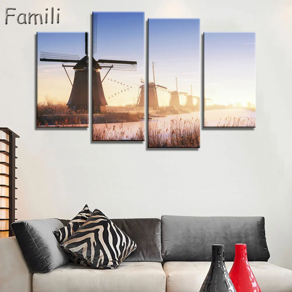 4 Panel Modern Printed Netherlands City Wall Painting Canvas Landscape Art Home Decor Wall Pictures For Posters And Prints No Fr