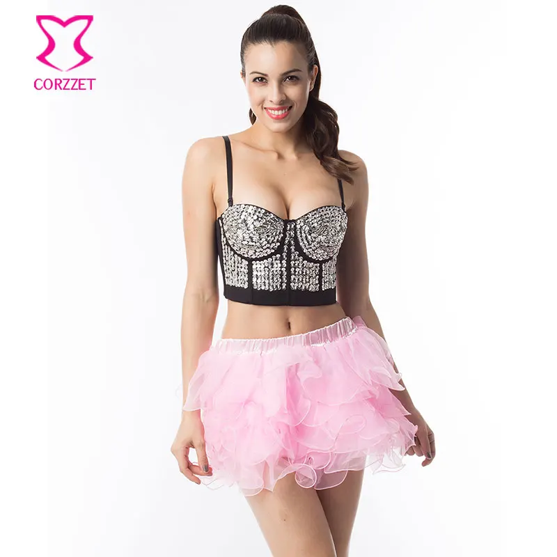 

Corzzet Silver Beading Bra And Pink Skirt Set Sexy Push Up Brassiere And Gothic Dress Burlesque Punk Nightclubs Bar Dance Bra