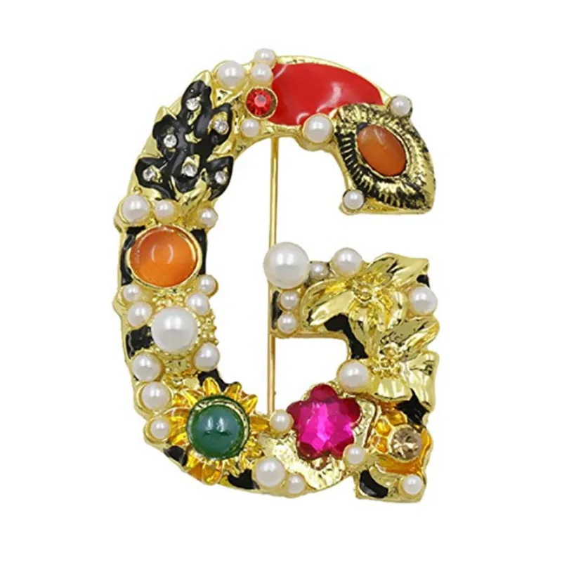 

Gold metal 26 Alphabet multi enamel English Letters lapel pin Crystal Initial pearl Charms Brooch Pin for Men Women Gift Jewelry