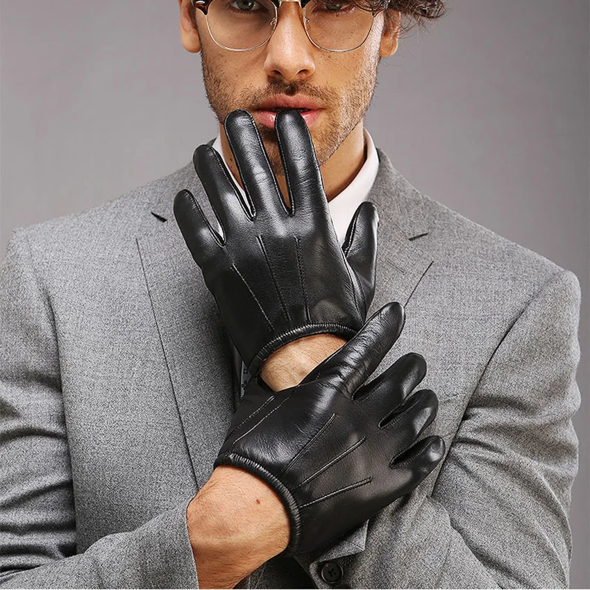 Genuine Leather Men Gloves Fashion Casual Sheepskin Glove Black Brown Five Fingers Short Style Male Driving Gloves M017PQ2