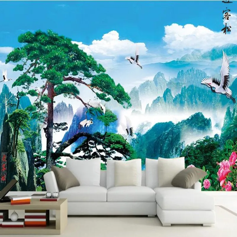 

wellyu Custom large - scale frescoes welcoming pine tree peony flowers Chinese background wall wallpaper papel de parede