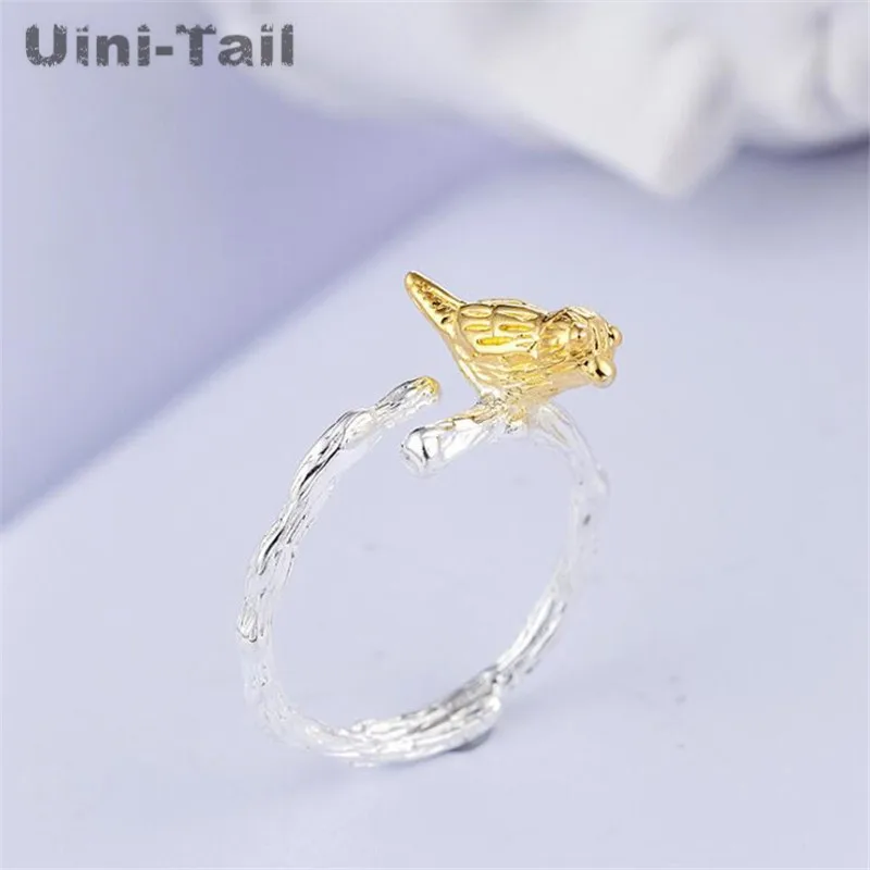 Uini-Tail hot new 925 Tibetan silver creative golden bird opening ring national wind small animal jewelry fashion trend GN794