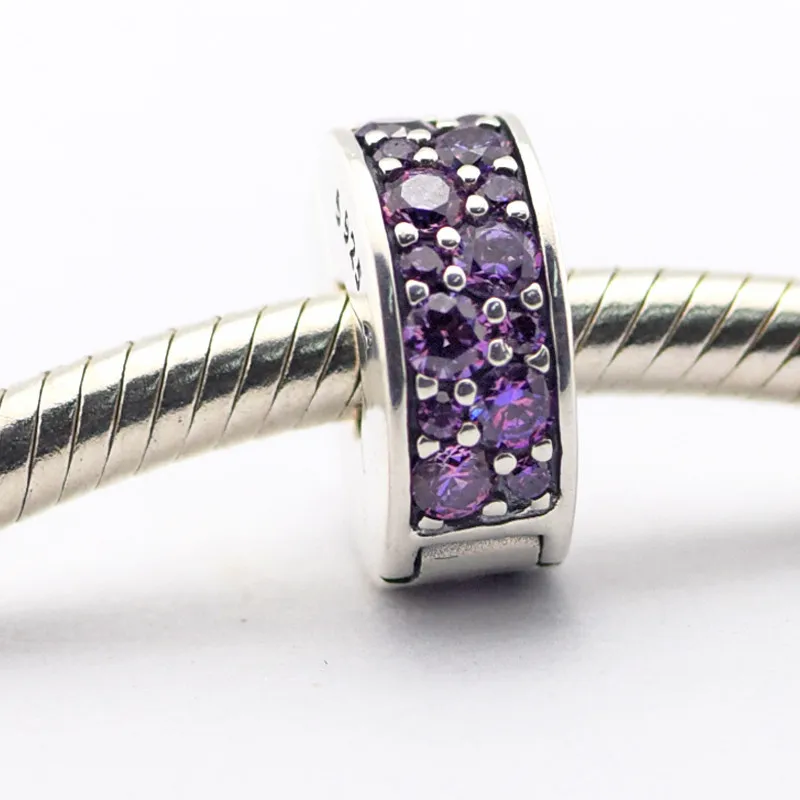 

100% Real 925 Sterling Silver Purple CZ Shining Elegance Clip Charm for Women DIY Fits Europe Bracelets Beads for Jewelry Making