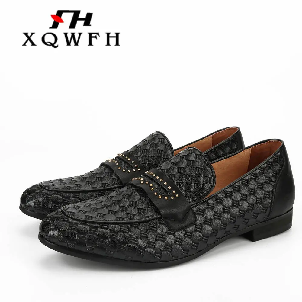 XQWFH High Quality Men Weaving Leather Shoes Men's Loafers Moccasins Shoes Business Wedding Tuxedo Dress Shoes Male Brand Flats