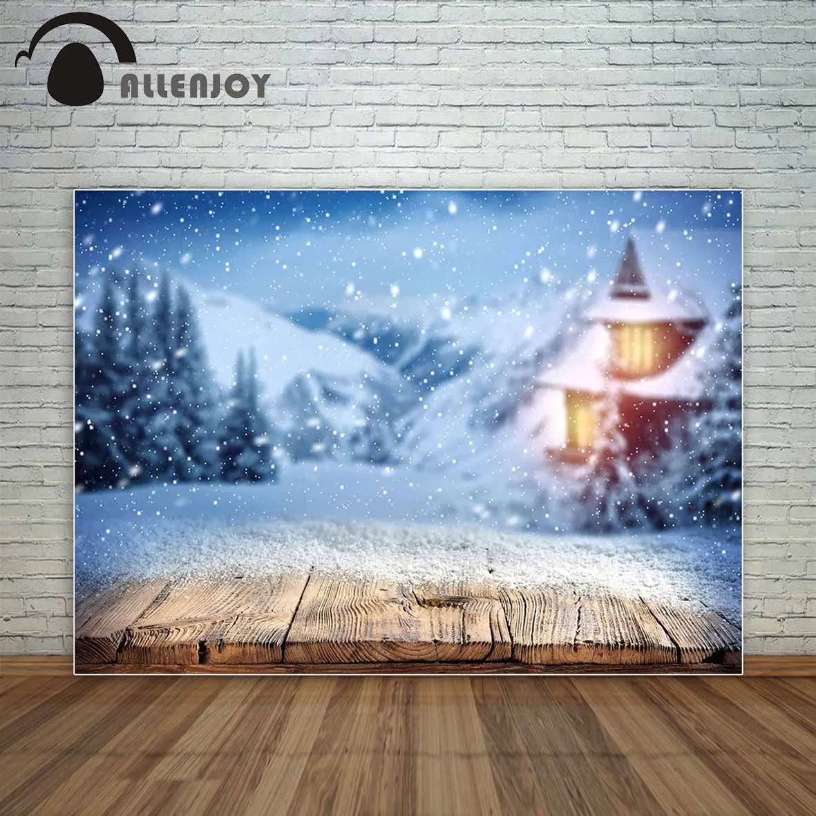 

Allenjoy Winter New Year Snow Landscape with Wooden Board Christmas Warm House Photo Background Fund Photographic Professional