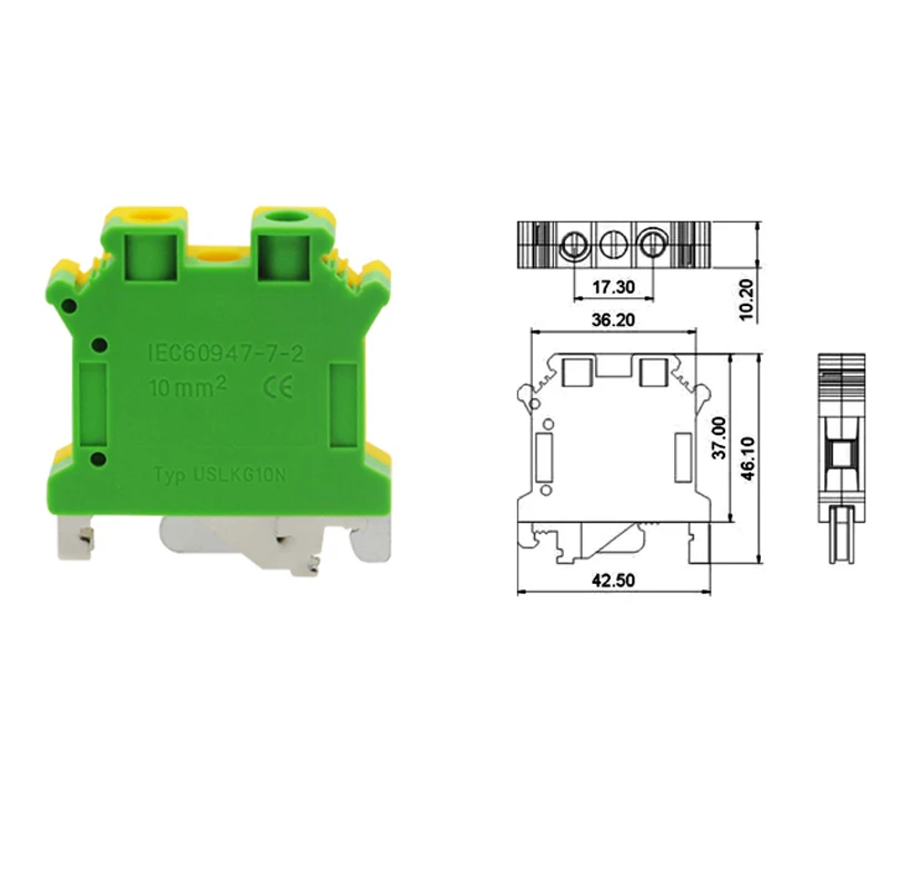 5/10Pcs USLKG10 Ground Terminal Blocks DIN Rail Type Terminal Blocks UK-10N สีเหลืองสีเขียว Earthing Morsettiera Connector 10mm2