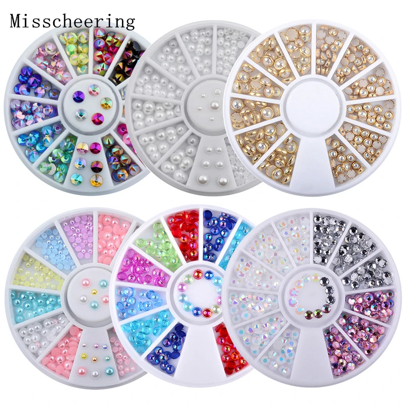 

1 Box AB Colorful Nail Glitter Rhinestones 3d Charm Pearl Beads Tips Decorations In Wheels For DIY UV Gel Nail Art Accessorie