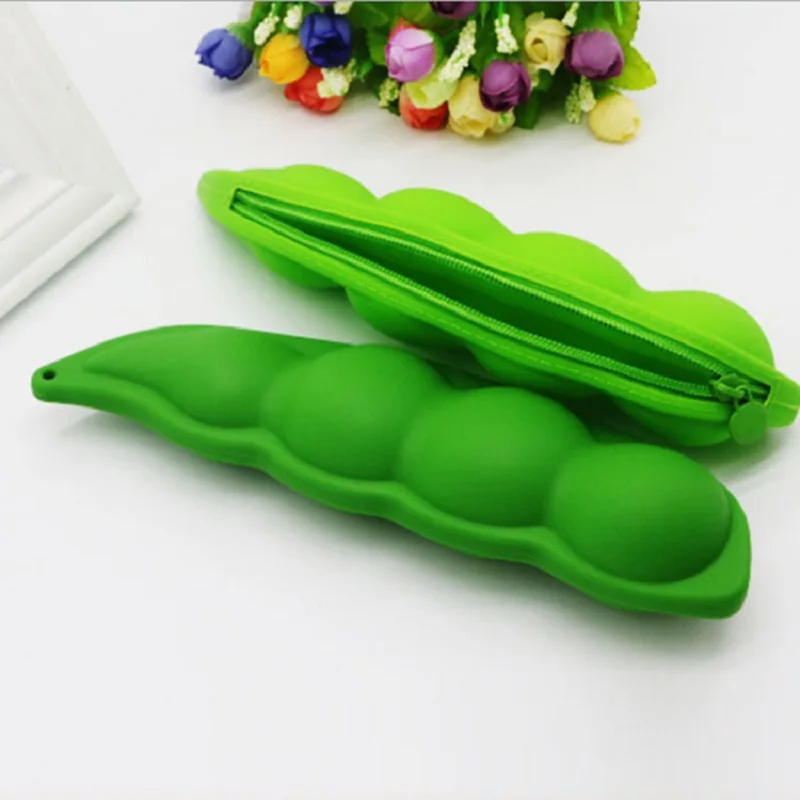 Kawaii saco de lápis de silicone bolsa novidade caso de lápis de ervilha macia bonito escola papelaria presente para crianças verde planta caneta