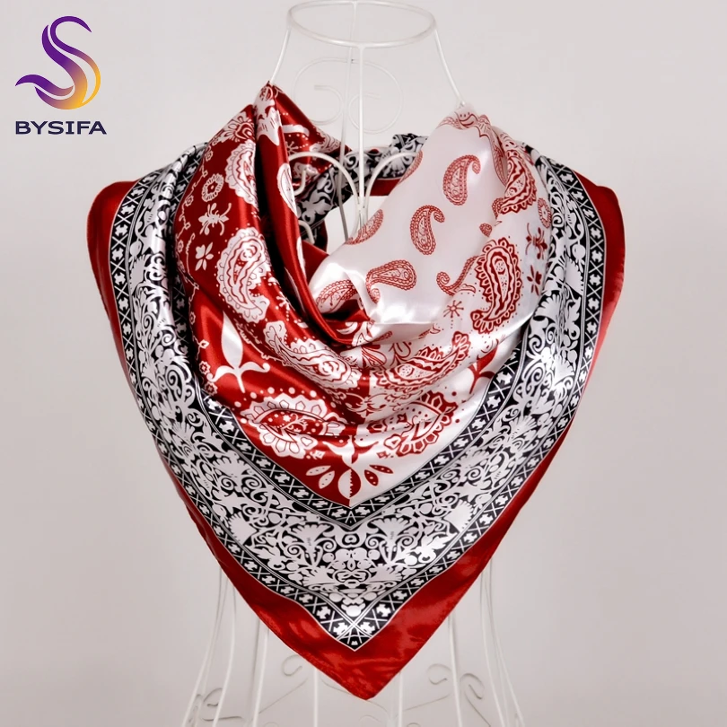 [BYSIFA] Women Scarf Hijab New Watch Chain Design Red Silk Square Scarf Shawl Cachecol Ladies Head Scarf Neck Scarf Cape Foulard