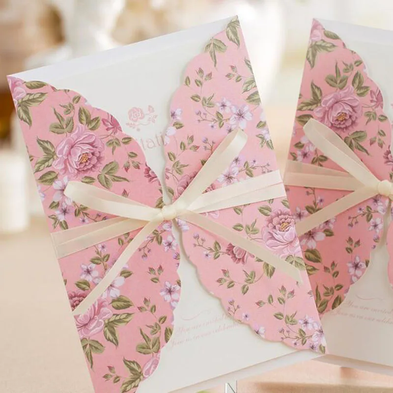 50pcs Pink Flower Pattern Marriage Wedding Invitations Cards Greeting Card 3D Card Laser Cut Postcard Event Party Supplies