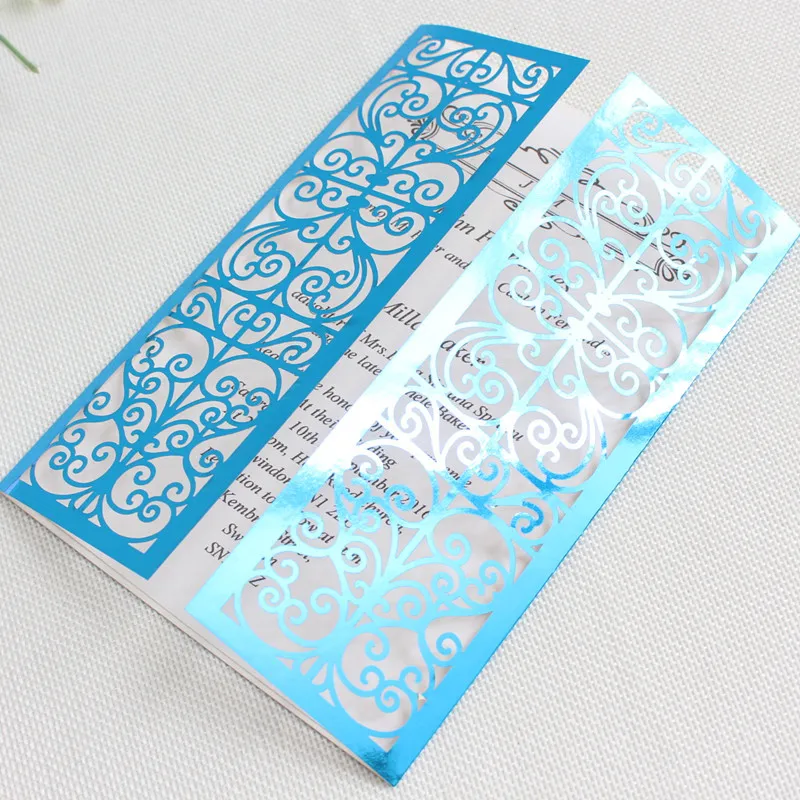 Laser cut wedding invitations blue light reflecting weeding invite jacket provide customized printing multi colors free shipping