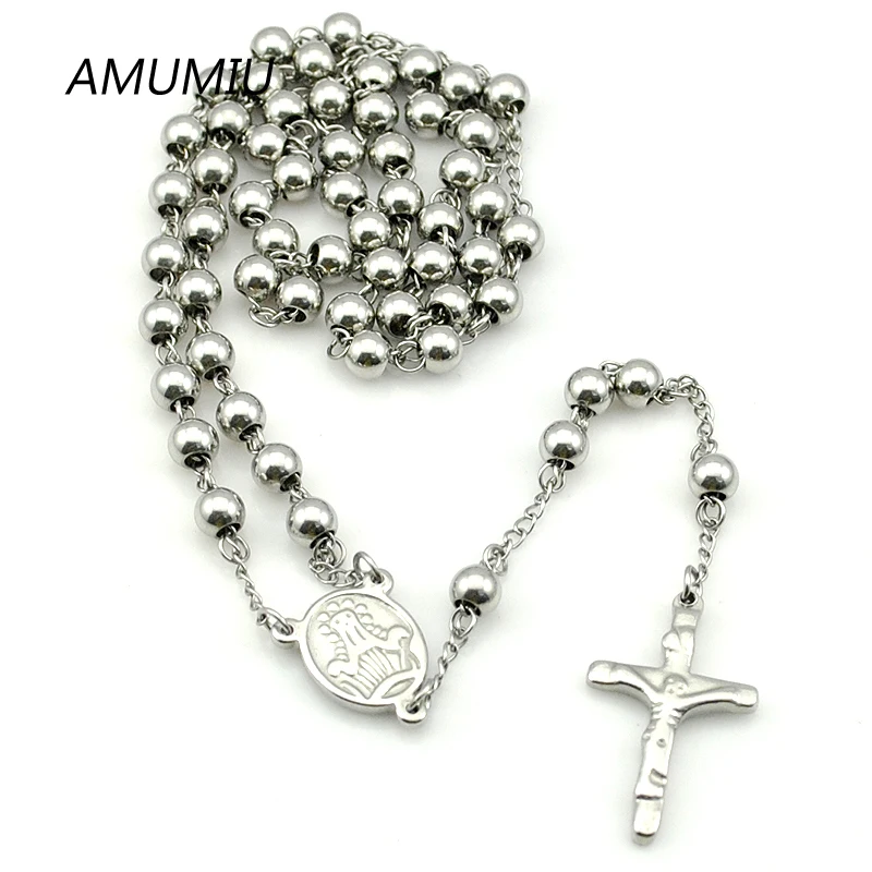 AMUMIU Stainless Steel Rosary Bracelet Necklace Sets Beads 2piece/Set Silver Color Cross Regilious Men Women Jewelry HZTZ074