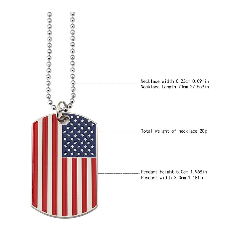 Hip Hop American USA Flag Necklace Men\'s US Army Military Card Pendant  Beaded Chain For Women The Stars And Stripes Jewelry