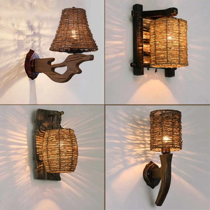 

American Country Retro Wicker Wall Lamps Shop Southeast Asian Restaurant House Aisle Lantern Sconce Wall Lights Bamboo Fixtures