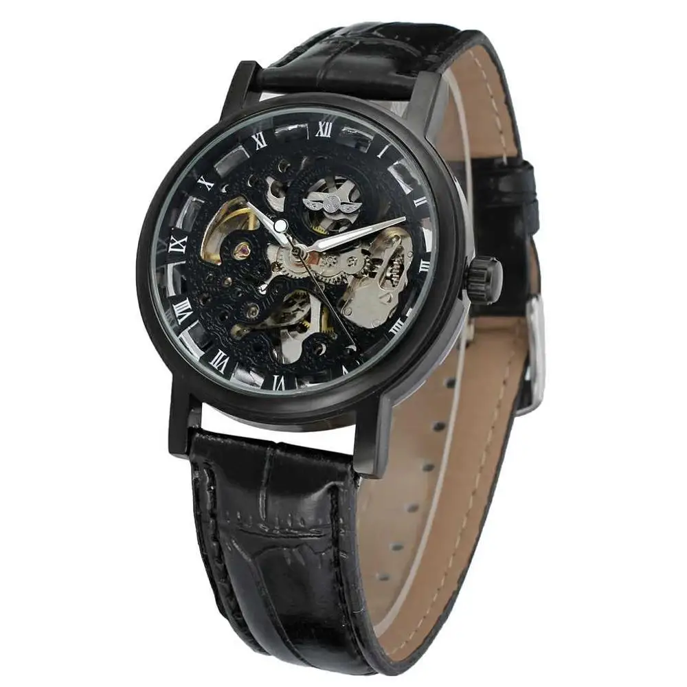 

T-WINNER WATCH exact Roman Numerals black surface creative reverse black leather strap men's mechanical watch