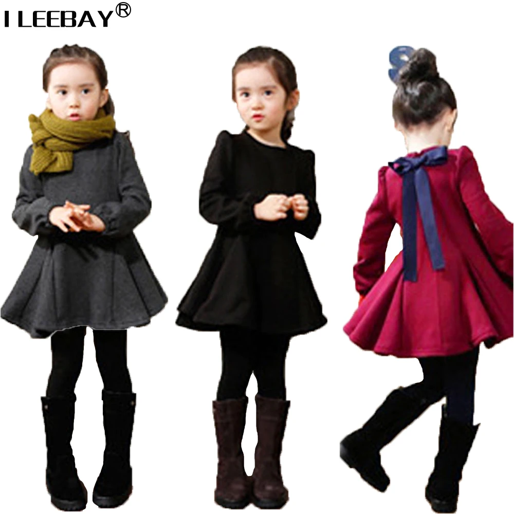 New Arrival Warm Autumn&Winter Cotton Girl Korean Dress Cute Bow Full Sleeve Velvet Pleated Dress Girls Thicker Clothes Vestidos