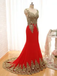 Elegante vestido de noche de sirena bordado en oro, Negro, Rojo, encaje, patrones, dama de honor, largo, 2018