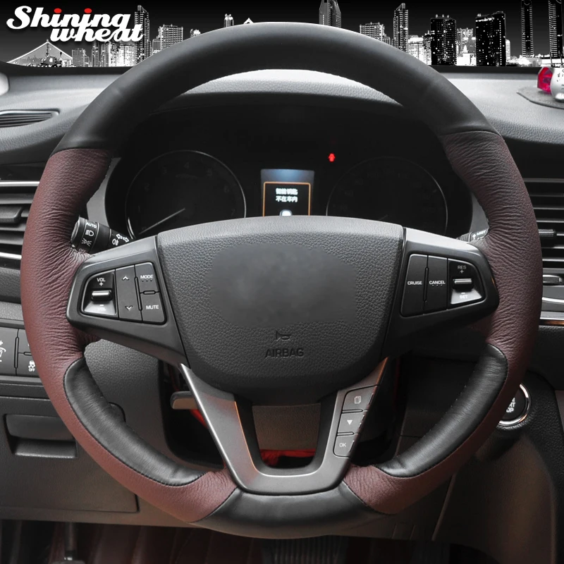 Shining wheat Black Coffee Leather Hand-stitched Car Steering Wheel Cover for Hyundai Mistra 2013 2014