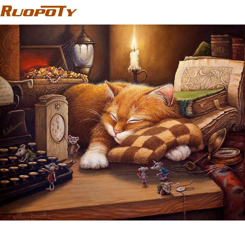 

RUOPOTY frame Sleep Cat DIY Painting By Numbers Animals Hand painted Picture Paint By Numbers Gift For Home Decor Drop Shipping