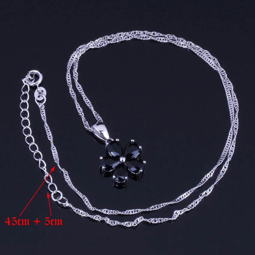 Splendid Flower Black Cubic Zirconia Silver Plated Jewelry Sets Earrings Pendant Chain Ring V0255