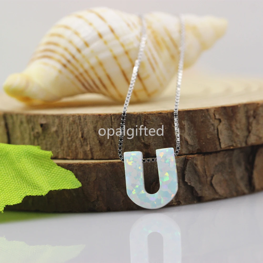 1pc Free Shipping Hot Sale Letter U/G/Y/H/Z/A Synthetic op17 white Opal Pendant Necklace For Women with wholesale price opal