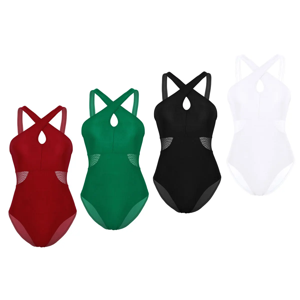 Women Adult Front Cross Neck Fishnet Splice Waist High Cut Leotard Tracksuit Gymnastics Bodysuit Ballet Performance Dancewear