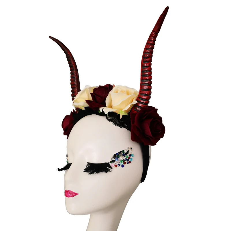 Diadema Steampunk Demon Evil Skull antílope rosa, disfraces de Cosplay, tocado de cuerno para fiesta de Halloween, tocado gótico