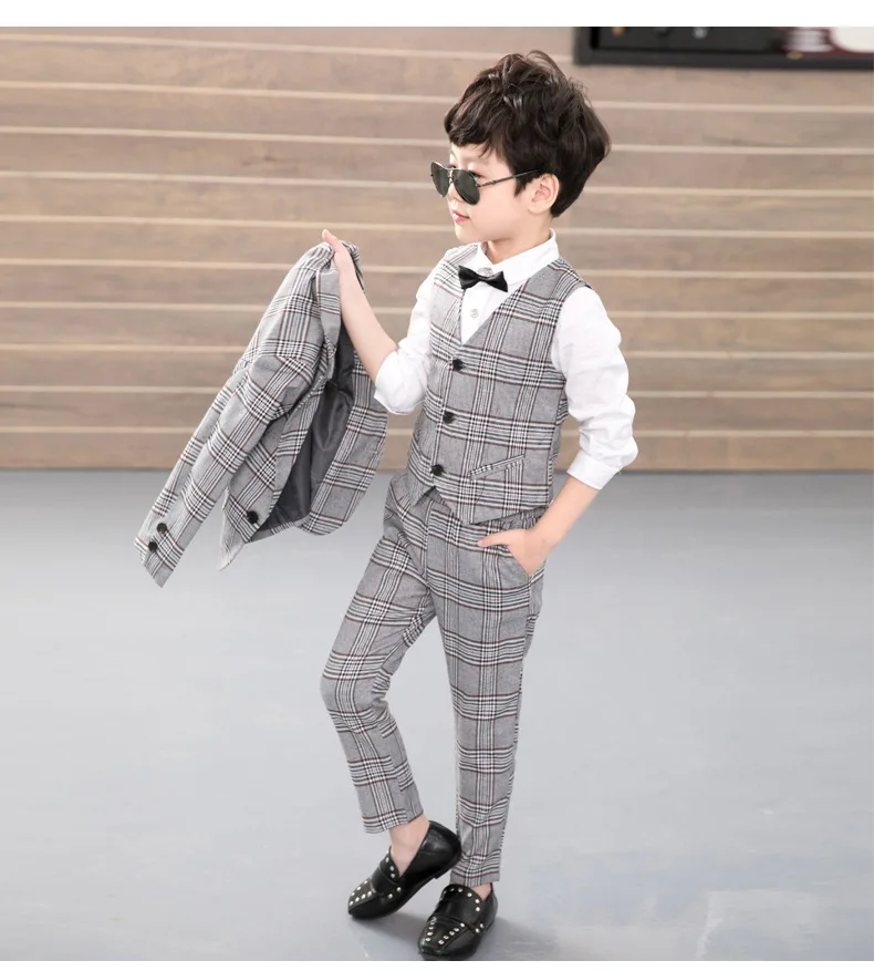 New gRAY fashion Boy Spring/summer Suit Three-piece Set Boy Plaid suit Jacket British Vest+coat+Pants Children's 3 piece suit