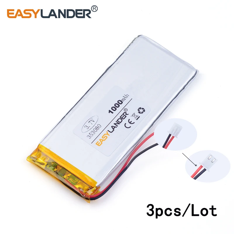 

3pcs /Lot 3.7v lithium Li ion polymer rechargeable battery 2.54 1000mAh 353080 3.7V polymer battery car phone smart home