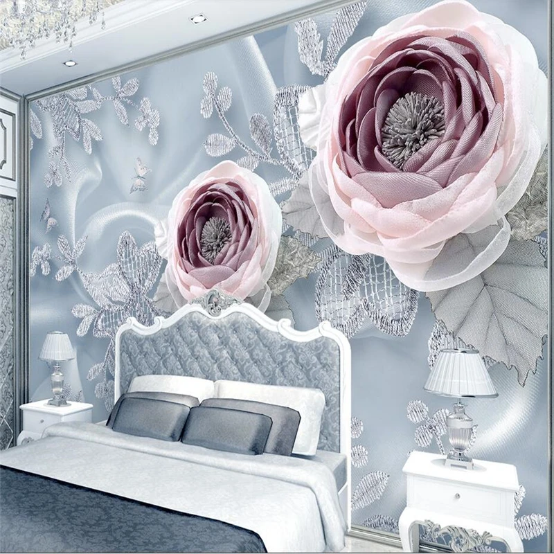 

wellyu 3D silk lace flower luxury wedding room TV background wall custom large mural green wallpaper papel de parede