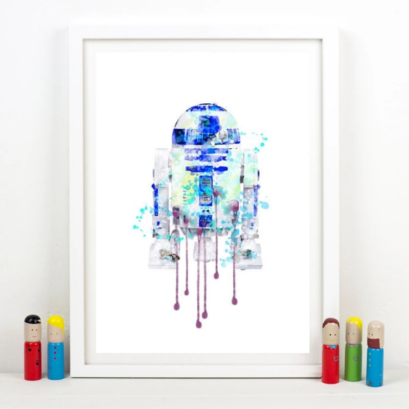 Watercolor Robot R2D2 Poster Wall Art Prints , Classic Scifi Movie Canvas Paintings Pictures Boys Room Wall Decor