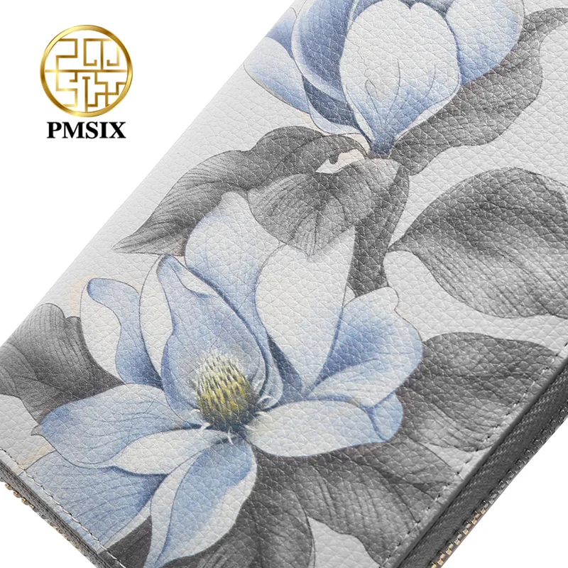 PMSIX Cow leather Women\'s Wallet Card Bag Long Zipper Purse Female Clutch Card Bags Fashion Floral Print Mobile Phone Bag