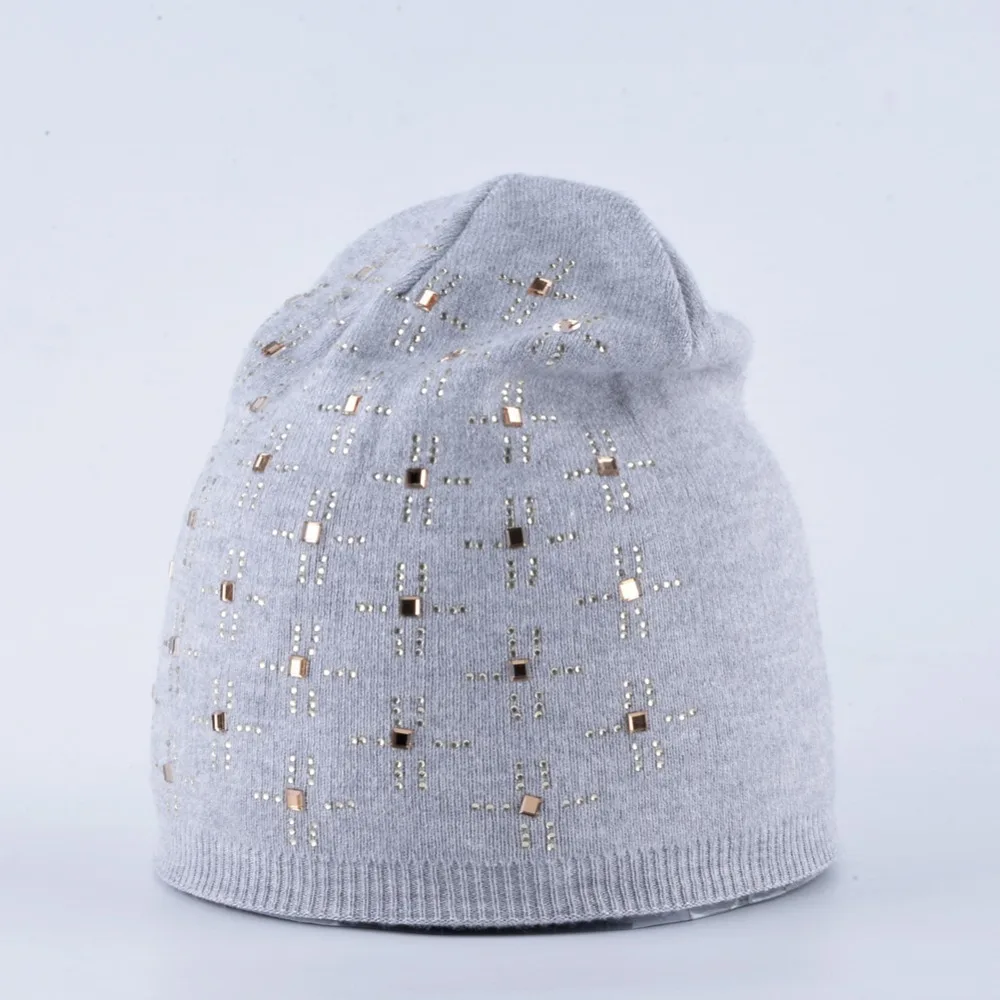 Autumn Winter Knitted Rabbit Wool Hat Fashion Flashing Rhinestone Beanies Skullies Hats For Women Ladies Bonnet Touca De Inverno