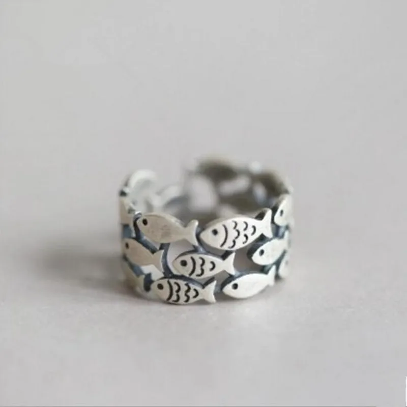 Hot New Fashion Animal 925 Sterling Silver Jewelry Cute Fish Creative Personality Retro Adjustable Rings Birthday Gift  R027