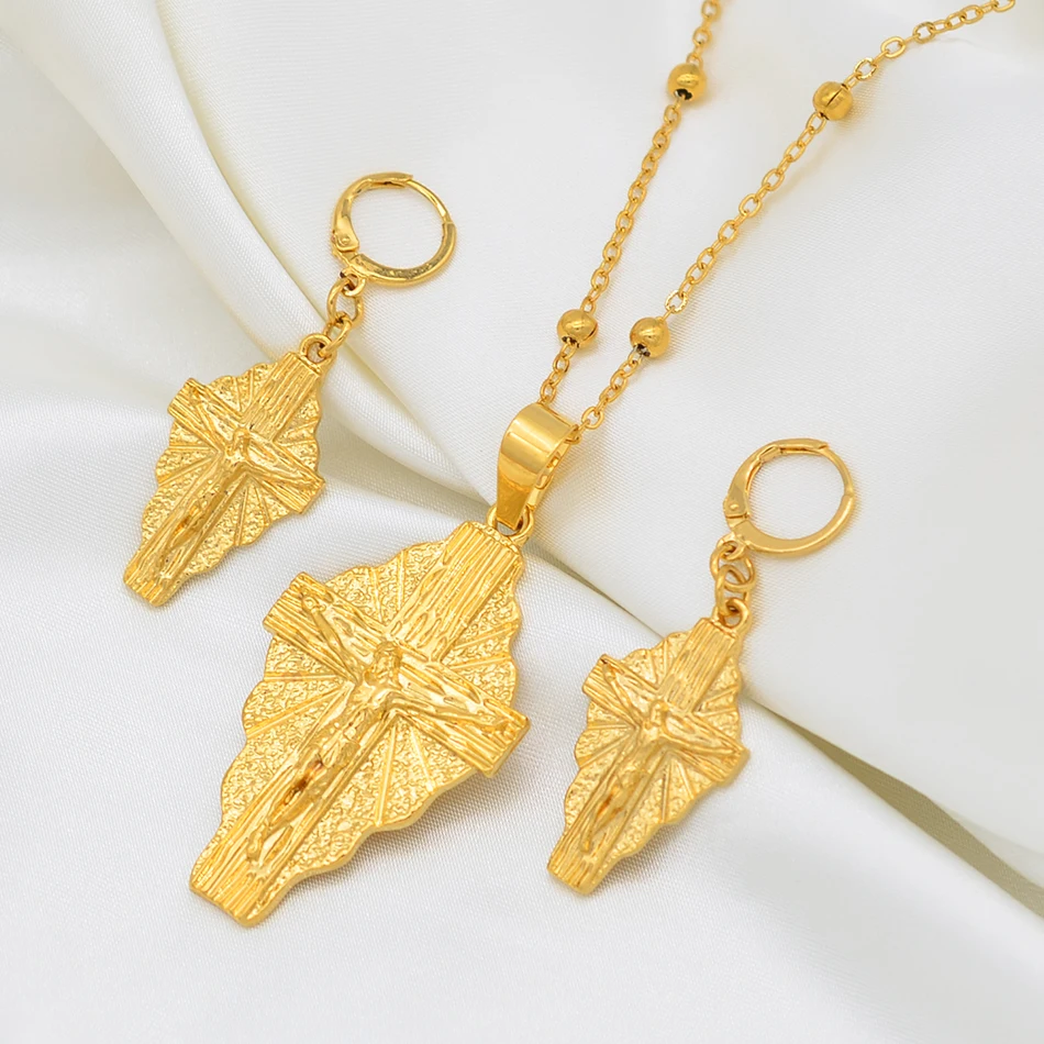 Anniyo Hawaii Jesus Jewelry Set Cross Pendant Necklaces Earrings Women Girls Gold Color Guam Micronesia Chuuk Pohnpei #212306