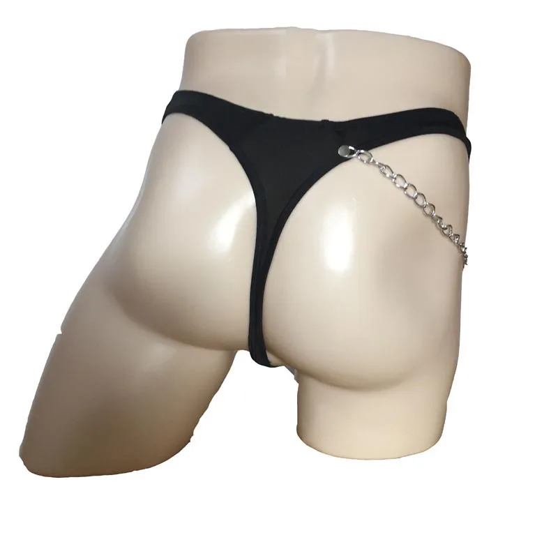 Men Wet Look PVC Leather Chained G-string Lingerie Briefs Thong Underwear Clubwear Fetish Wear Under Pants Outfit