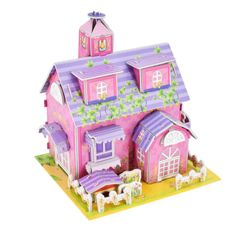 Meisjes Speelgoed 3D DIY Slaapkamer Papier Poppenhuis Puzzel Kinderen Miniatuur Roze Zoete Jigsaw Handgemaakte Poppen Huis Speelgoed Voor Kinderen