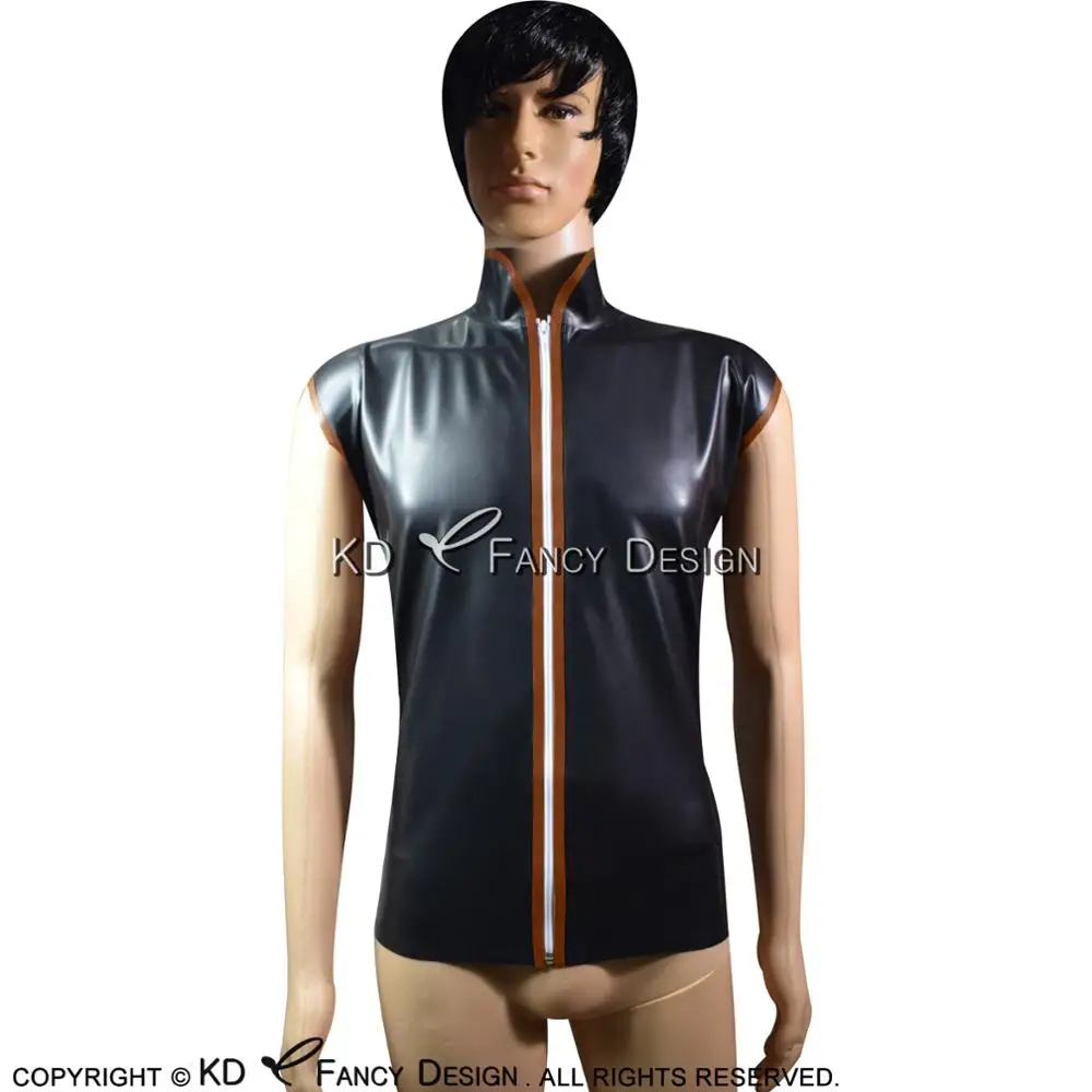 Black And Brown Trims Sexy Latex Vest With Zip Front High Collar Sleeveless Rubber Shirt Top Clothing YF-0077