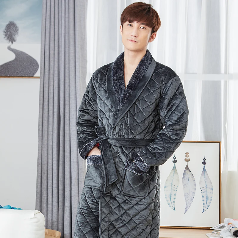 Thick 3 Layers Warm Winter Bathrobe Men Soft Flannel Quilted Long Kimono Bath Robe Male Dressing Gown for Mens Coral Fleece Robe