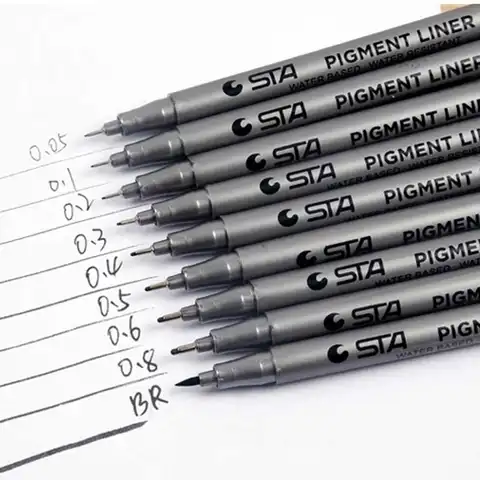 STA Pigment Liner Pigma Micron Ink Marker Pen 0.05 0.1 0.2 0.3 0.4 0.5 0.6 0.8 Brush Tip Black Fineliner Sketching Pen