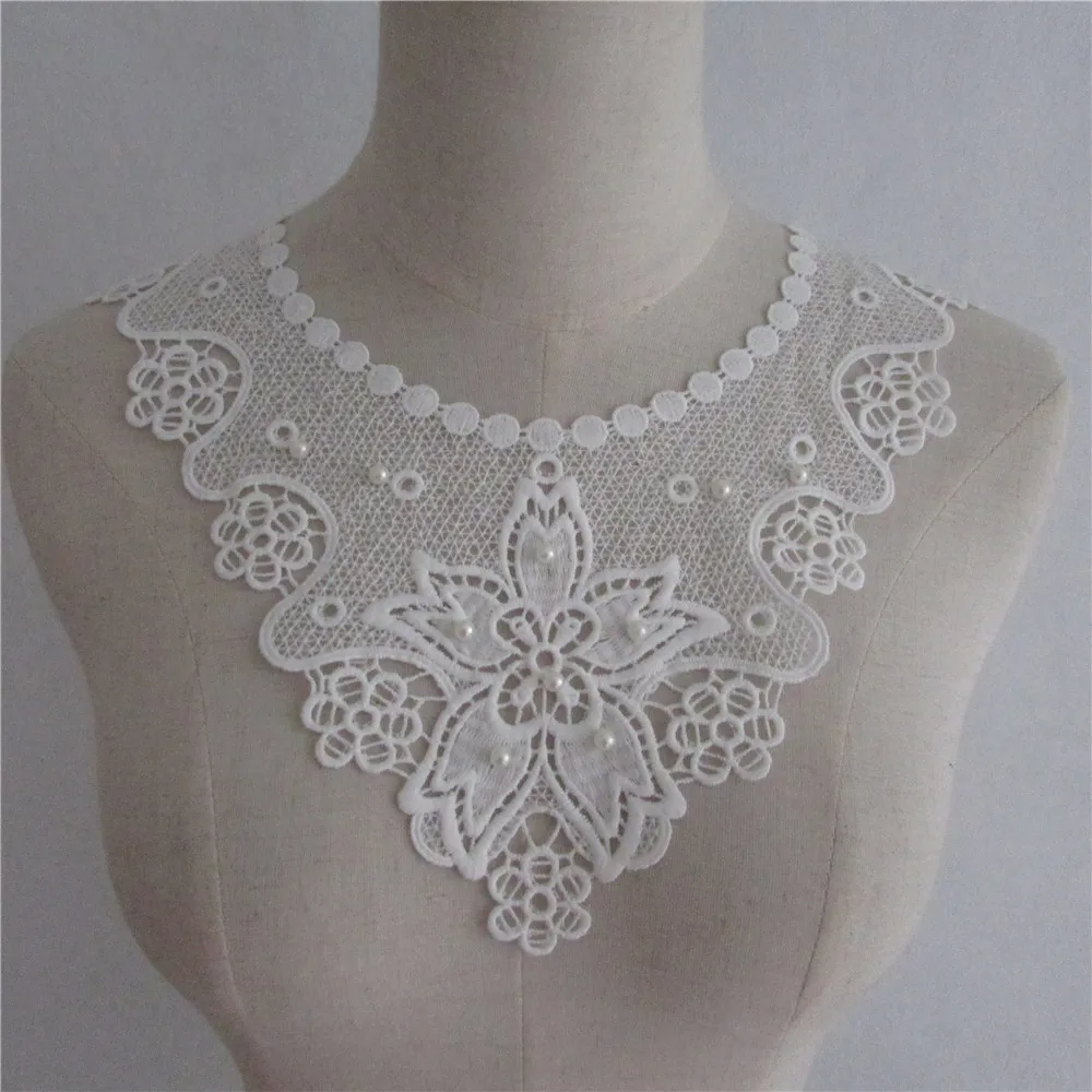 White lace embroidery false collar decoration ABC pearl sewing DIY clothing craft supplies material accessories 1 piece for sale