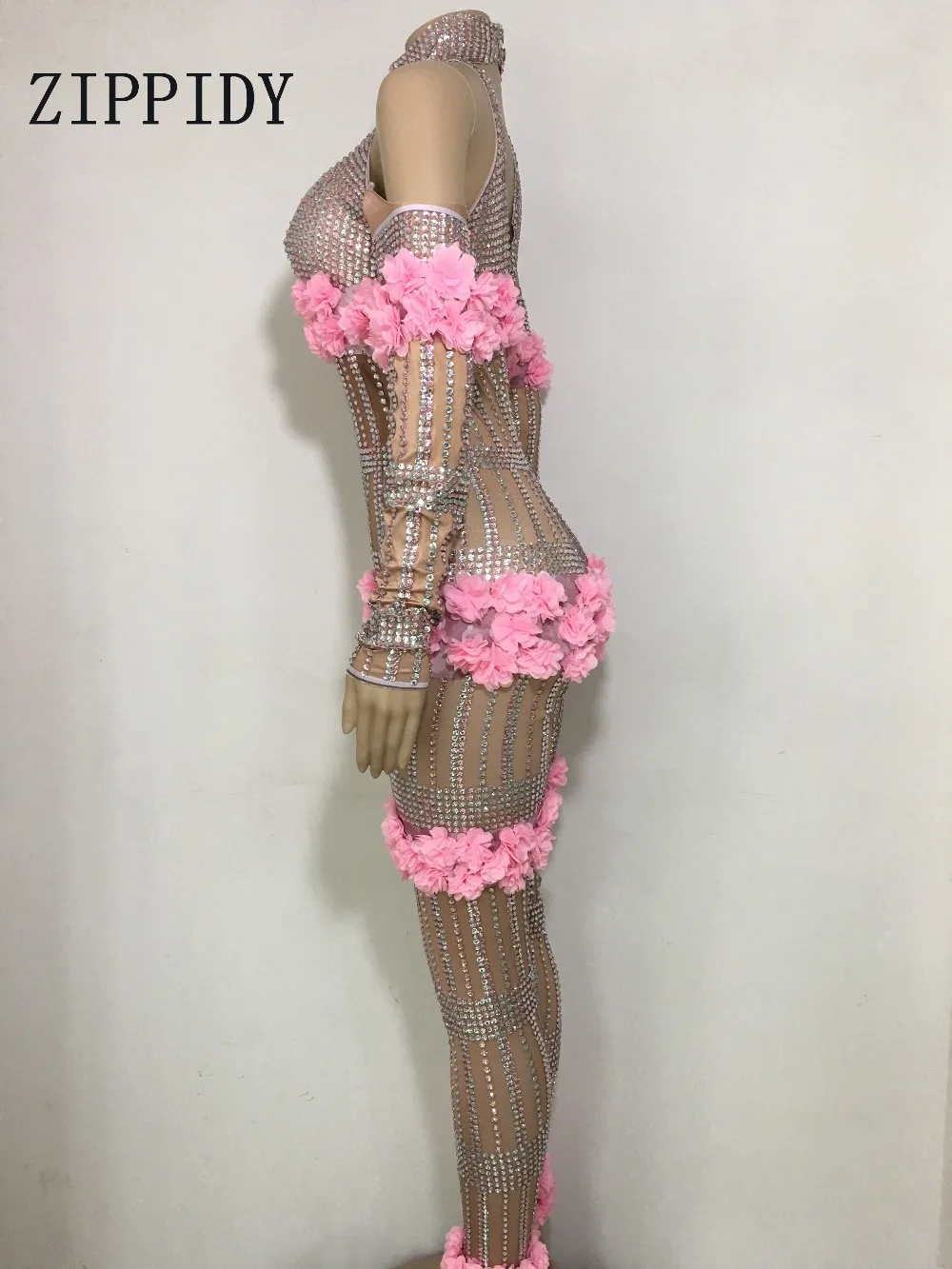 Macacão feminino com pedras de strass, flores rosas, festa de aniversário, boate, cantoras, traje, sexy, peça única, bodysuit