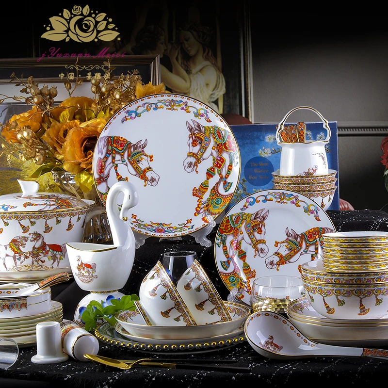 Guci European  bone china tableware sets 80pieces high-end household bowls luxurious Phnom Penh Jingdezhen gift porcelain