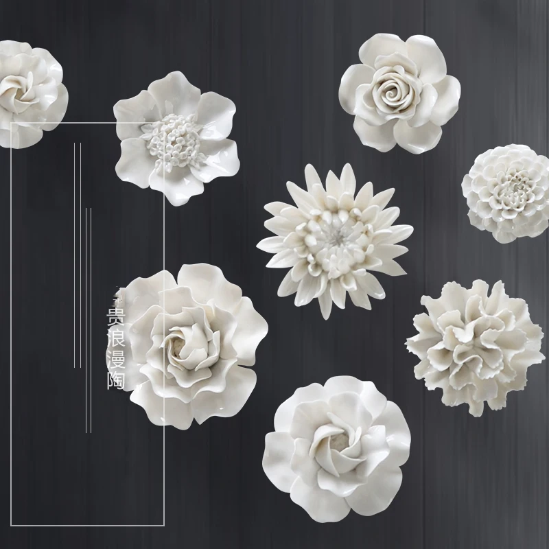 Modern 3D Ceramic White Flower Wall Sticker Decoration Livingroom TV Background Wall Hanging Crafts Hotel Wall Mural Accessories