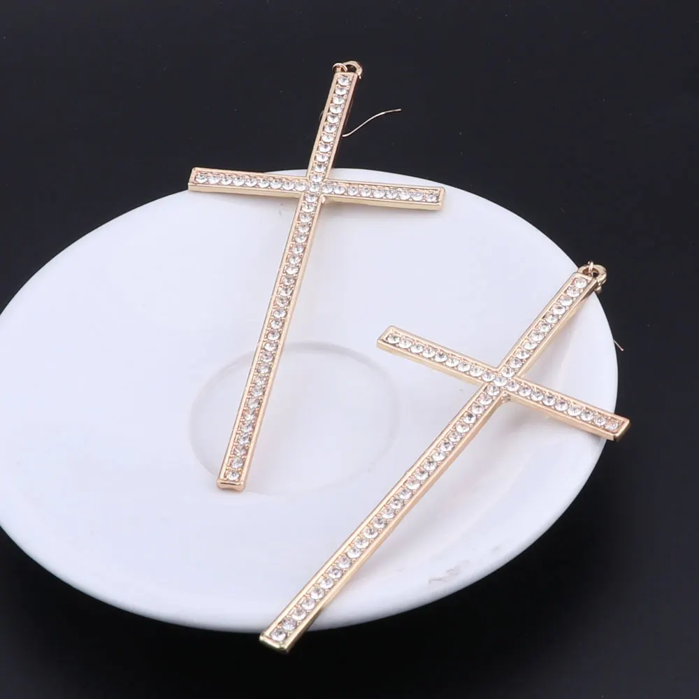 Hip Hop Big Gold/Silver Color Rhinestone Cross Dangle Earrings Fashion Crystal Cross Earrings