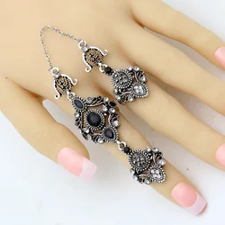 Nobby Flower Double Finger Ring Turkish Women Antique Crystal Ethnic Chain Rings Royal Ladies Arabesque Jewelry Anneau Anillos