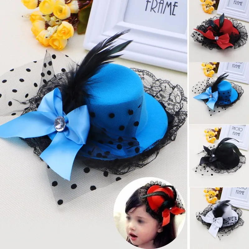 Women Bow Hair Clip Lace Feather Mini Top Hat Fascinator Fancy Party